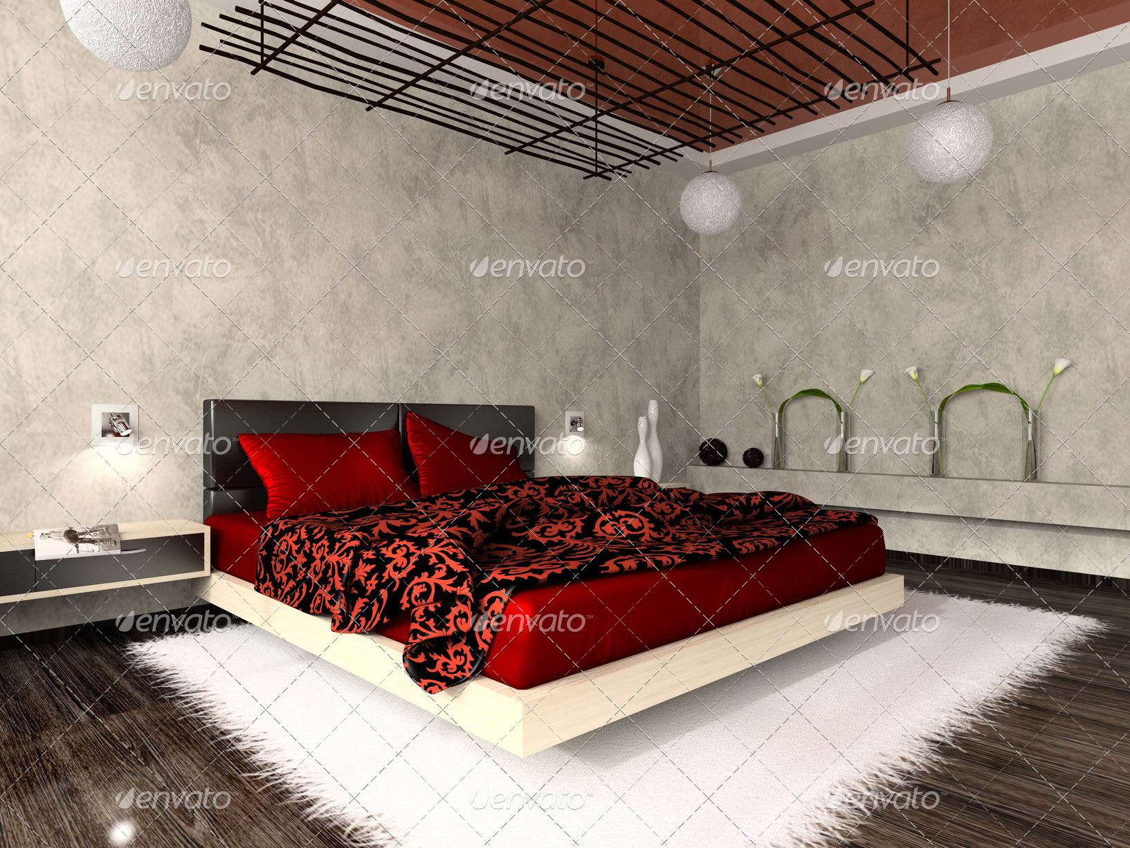 Luxurious interior of bedroom in red colour